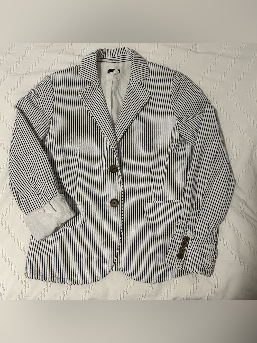 J.CREW Women's Seersucker Blazer Jacket 2-Button Blue White Stripe 100% Cotton 4